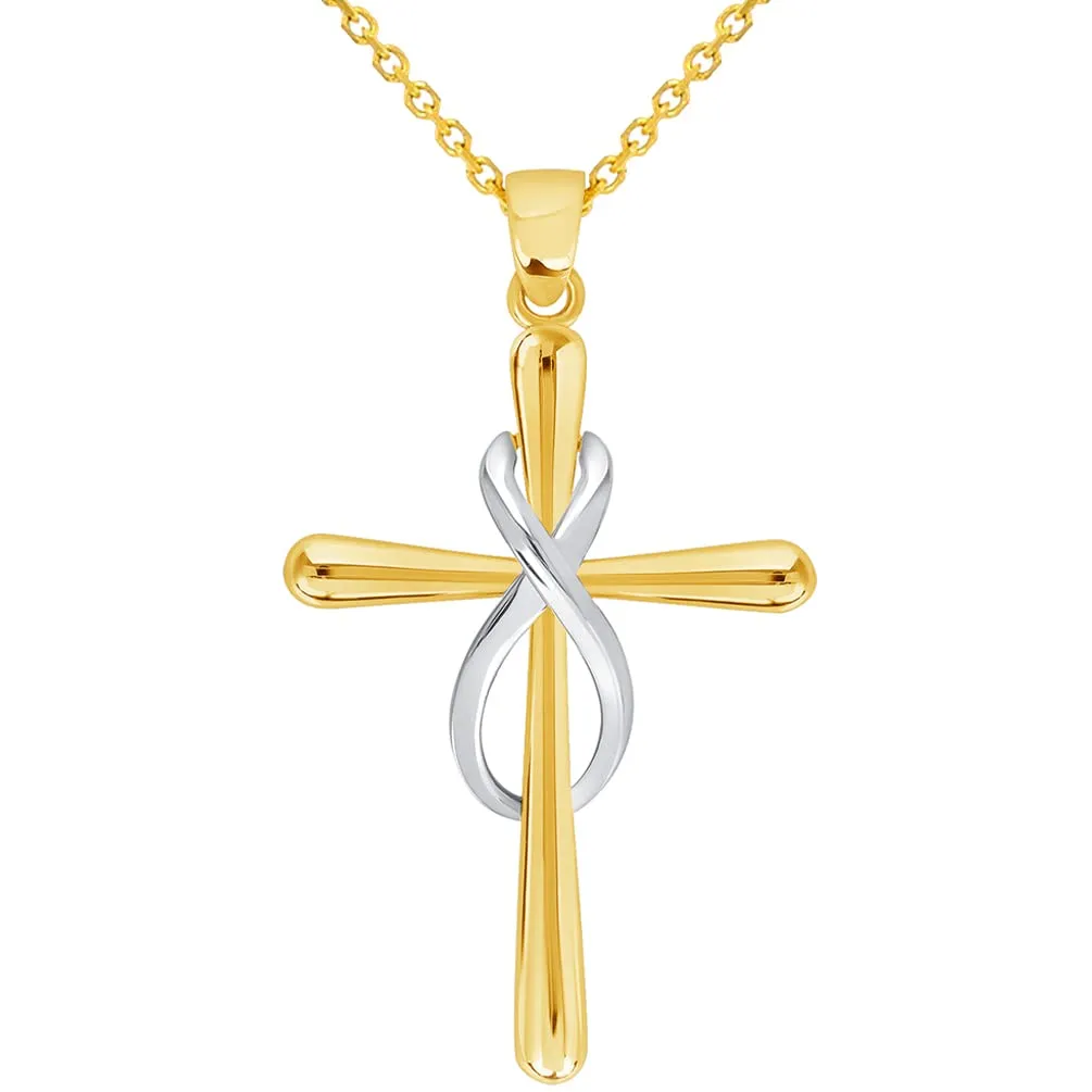 14k Yellow Gold Vertical Infinity Eternity Religious Cross Pendant with Cable, Curb, or Figaro Chain Necklaces