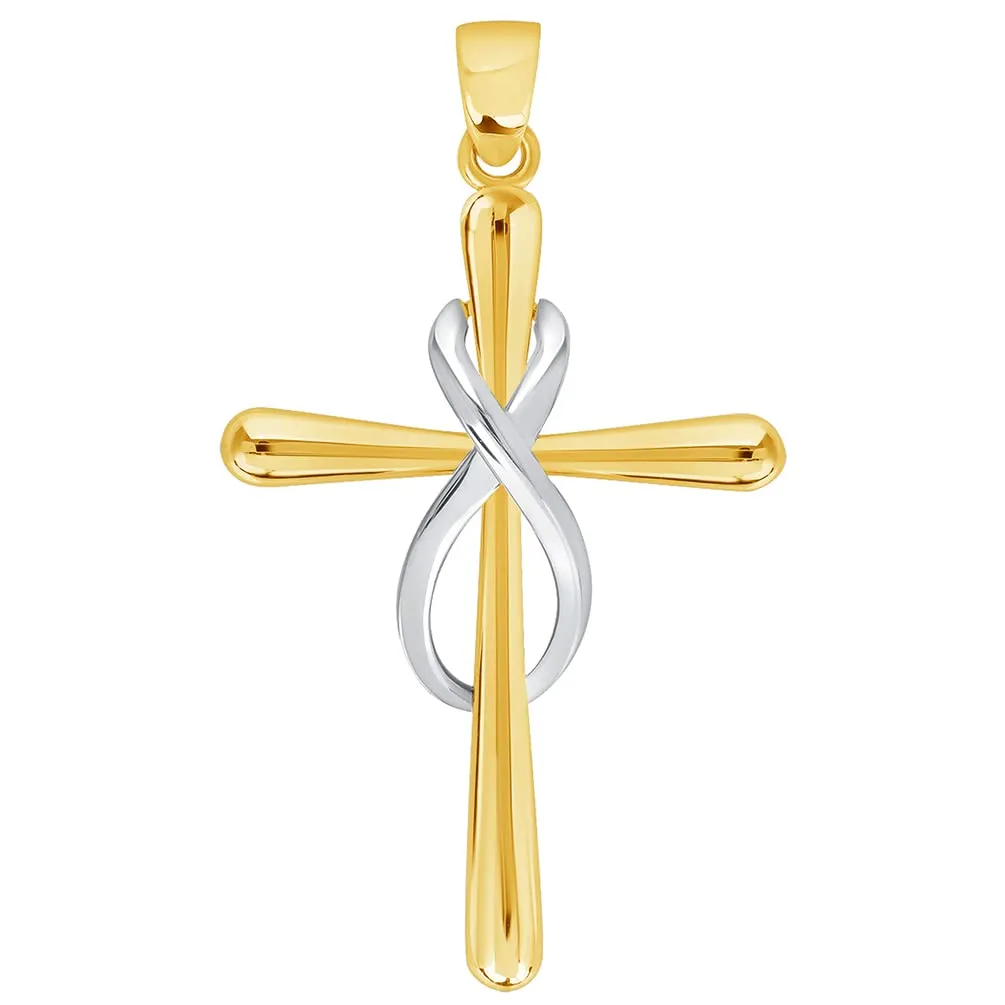 14k Yellow Gold Vertical Infinity Eternity Religious Cross Pendant with Cable, Curb, or Figaro Chain Necklaces
