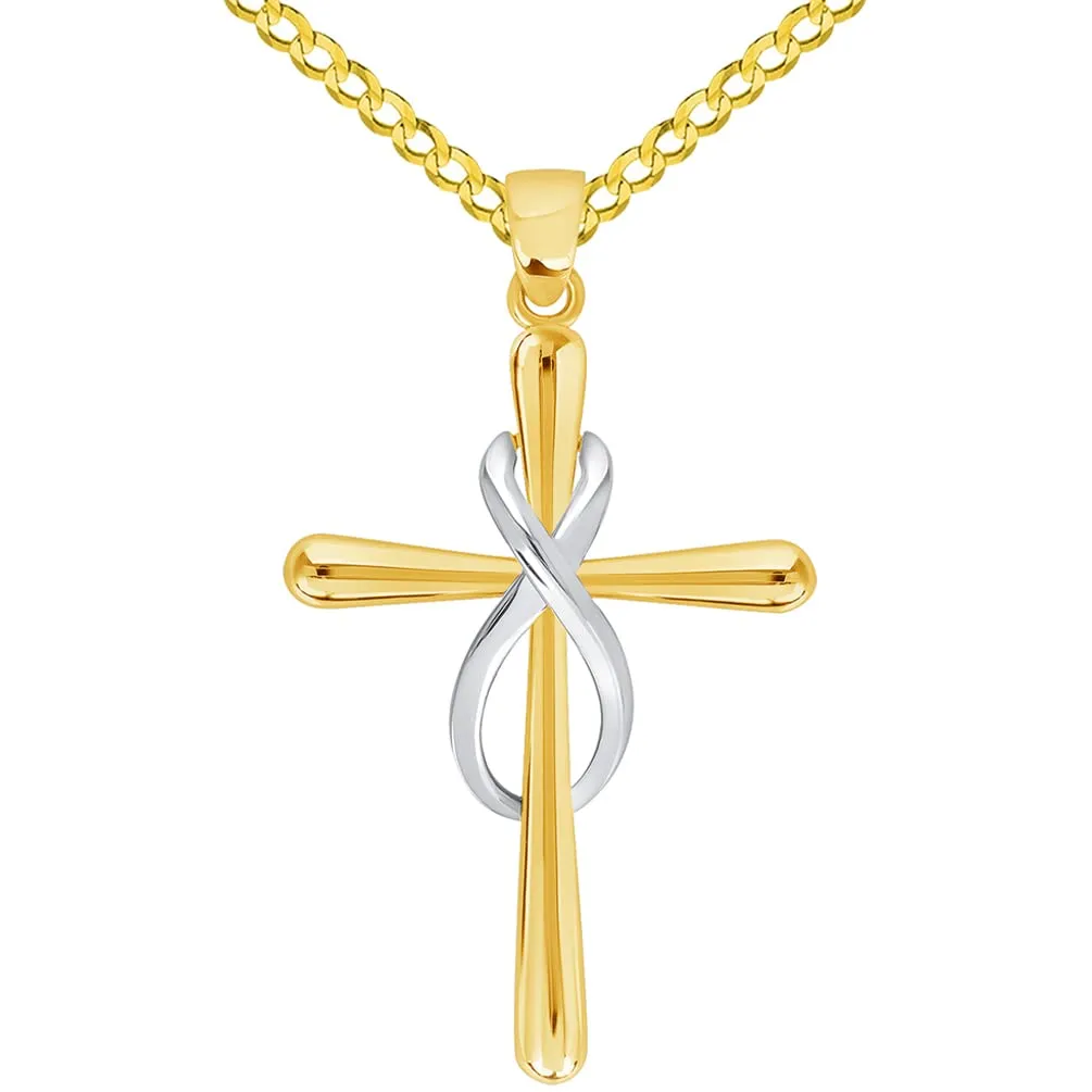 14k Yellow Gold Vertical Infinity Eternity Religious Cross Pendant with Cable, Curb, or Figaro Chain Necklaces