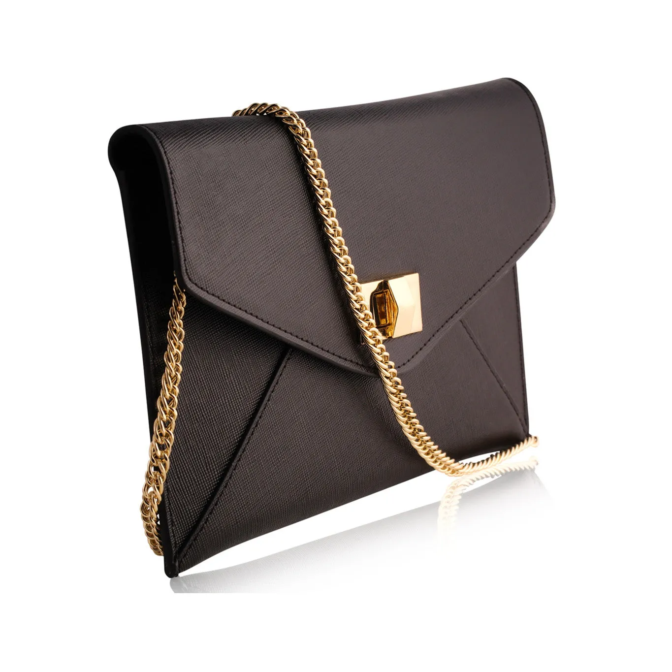 Black Beveled Leather V Flap Clutch with Turn Lock