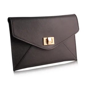 Black Beveled Leather V Flap Clutch with Turn Lock