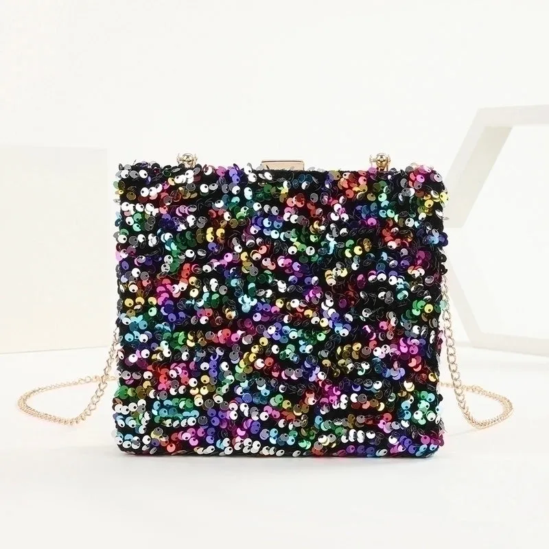 Black Colour Gold Polyester Solid Color Sequins Square Evening Bags