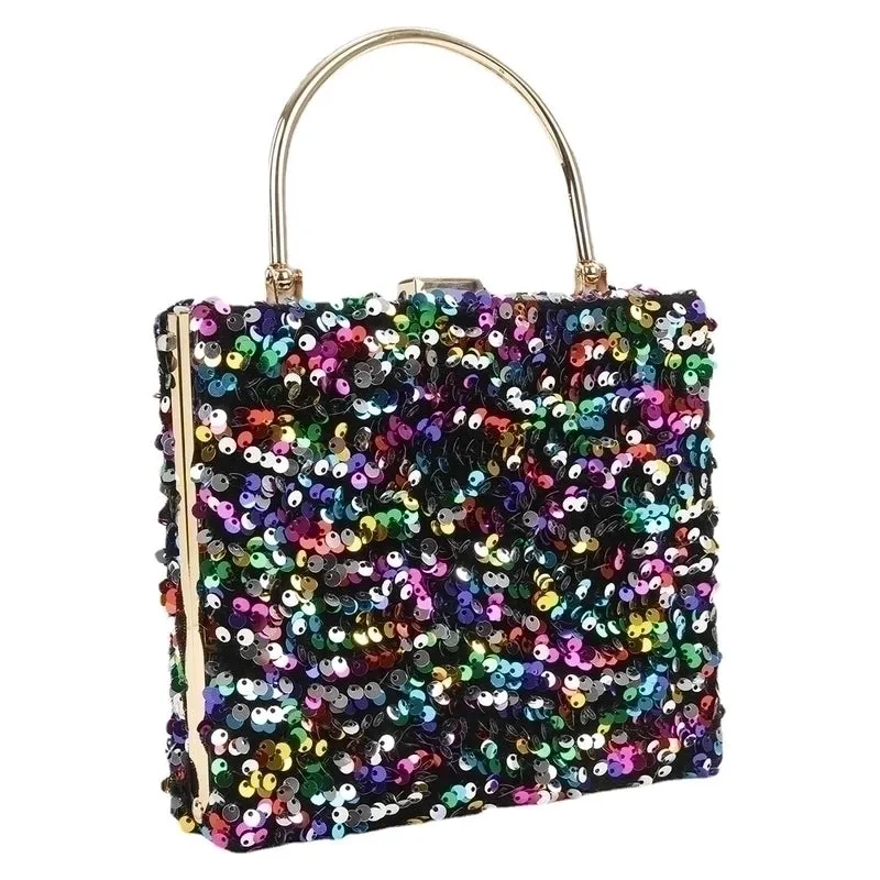 Black Colour Gold Polyester Solid Color Sequins Square Evening Bags