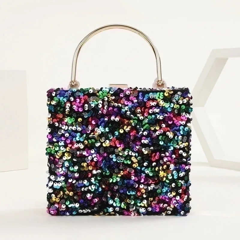 Black Colour Gold Polyester Solid Color Sequins Square Evening Bags