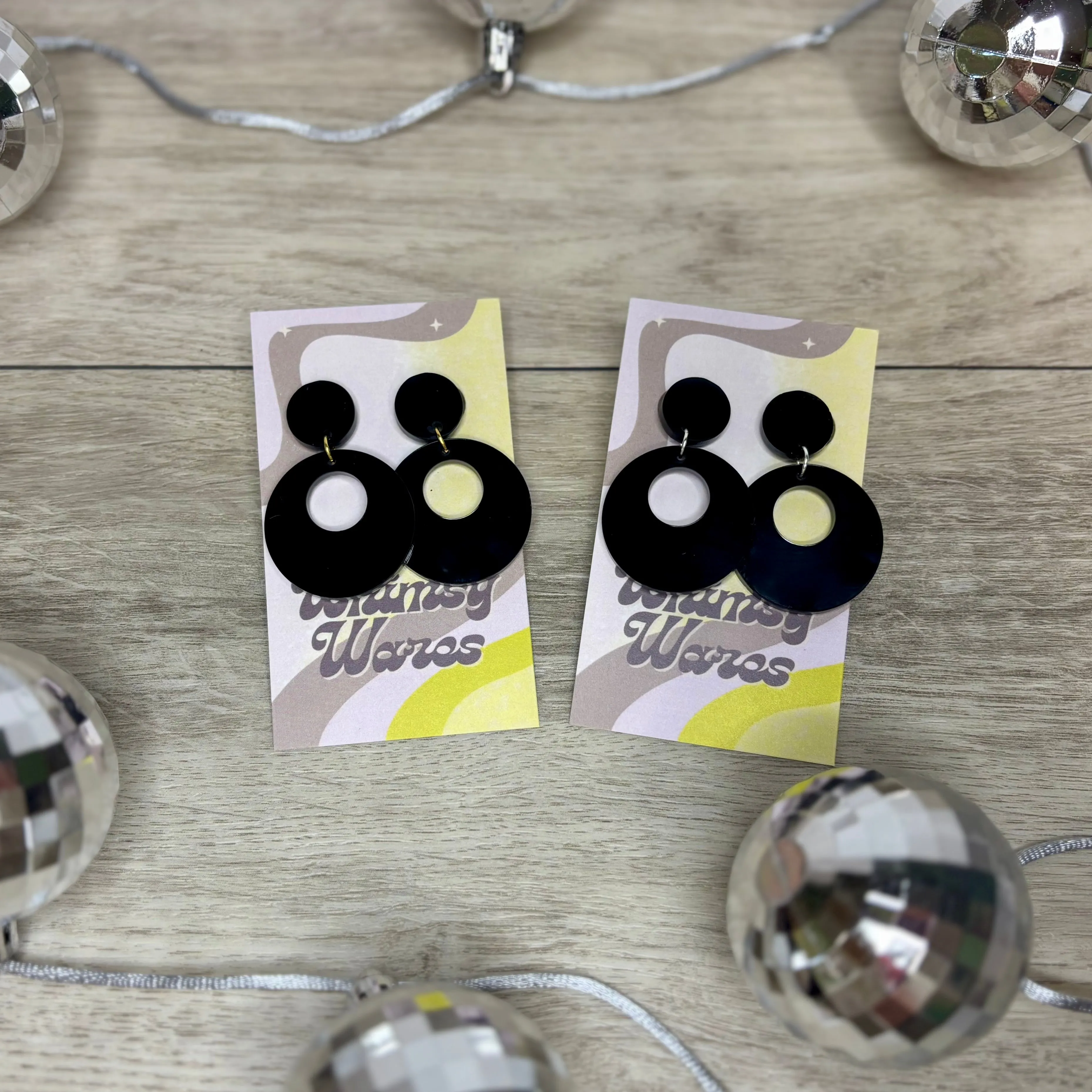 Black Funky Open Circle Drop Dangles - Acrylic Earrings