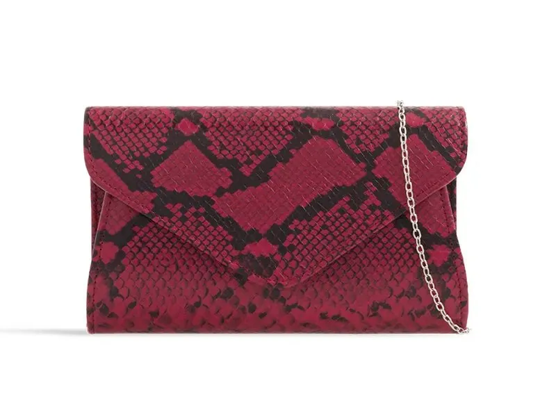 Burgundy Snakeskin Print Clutch Bag