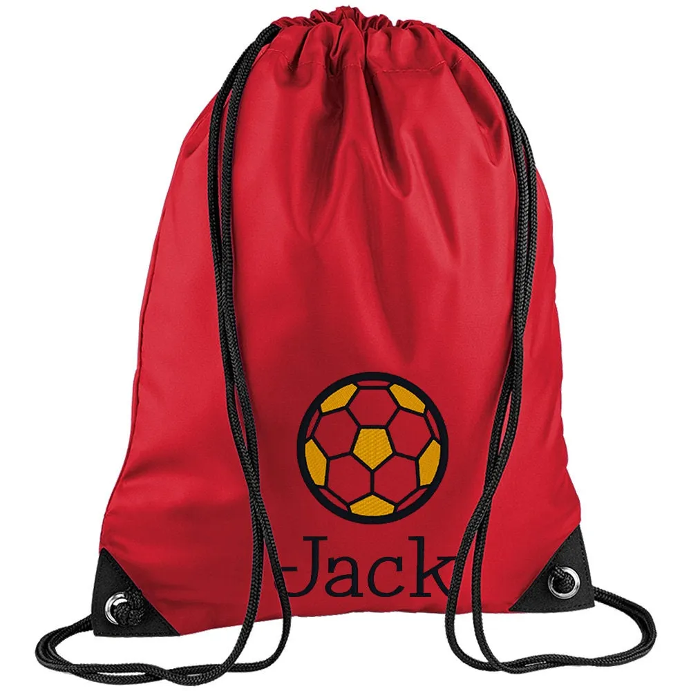 Embroidered Football Personalised PE Bag, Kit Bag Drawstring Bag