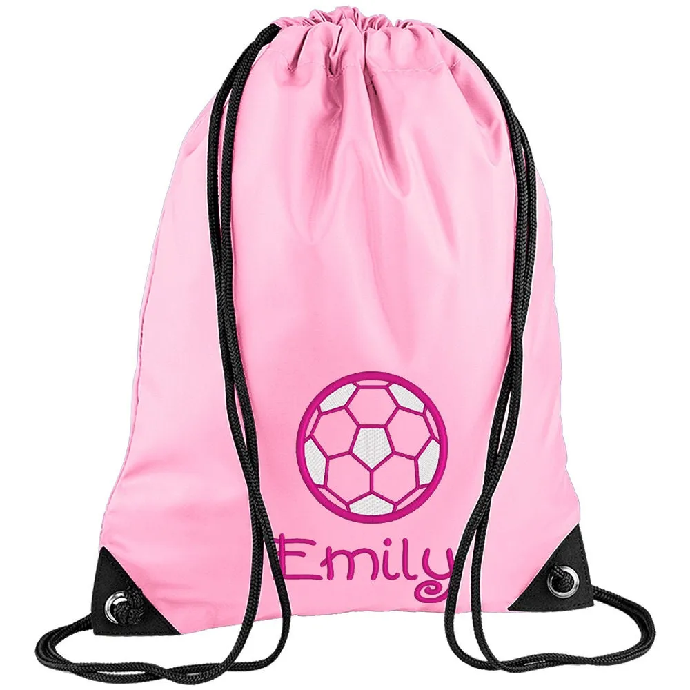 Embroidered Football Personalised PE Bag, Kit Bag Drawstring Bag