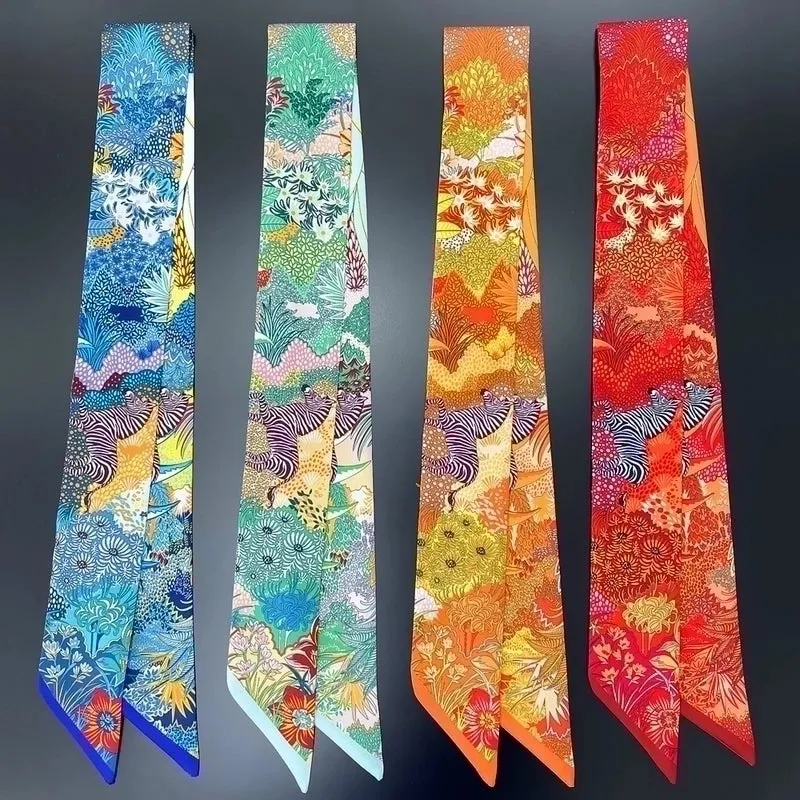 Fashion Summer Plant Jungle Steed Twill Silk Long Ribbon Headband Small Scarf