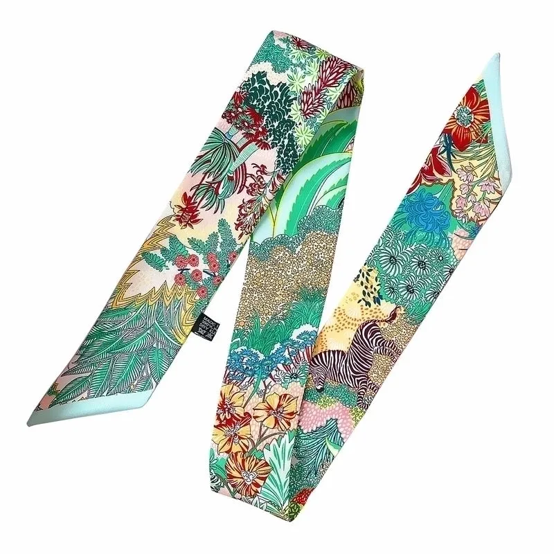 Fashion Summer Plant Jungle Steed Twill Silk Long Ribbon Headband Small Scarf