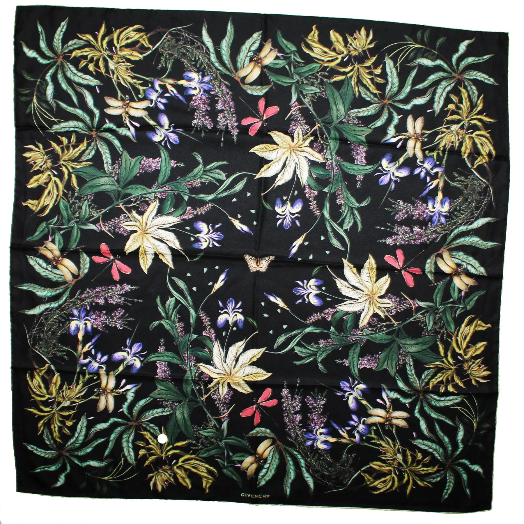 Givenchy Scarf Black Green Botanical Floral Dragonfly - Large Square Twill Silk Foulard SALE