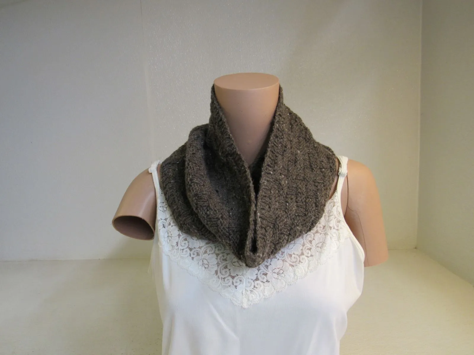 Handcrafted Cowl Dark Brown Tweed Textured Tweed 100% Merino Adult -- New