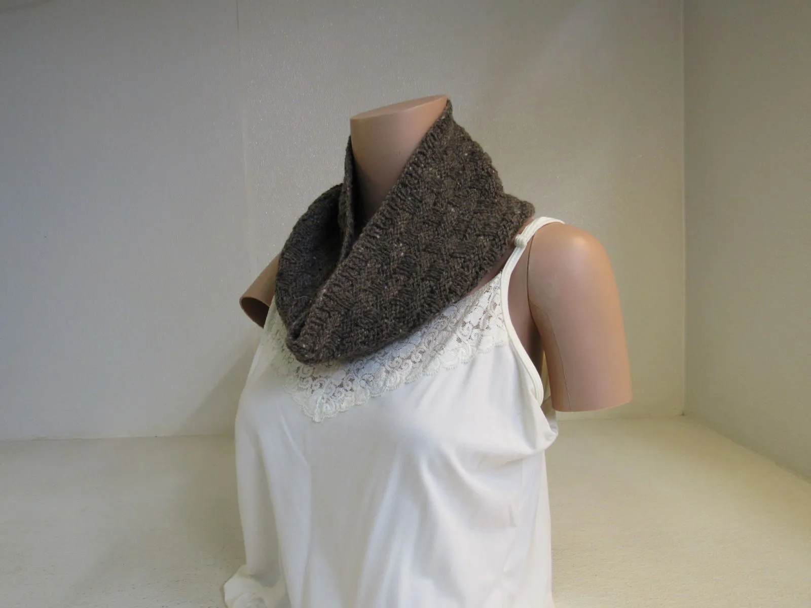 Handcrafted Cowl Dark Brown Tweed Textured Tweed 100% Merino Adult -- New