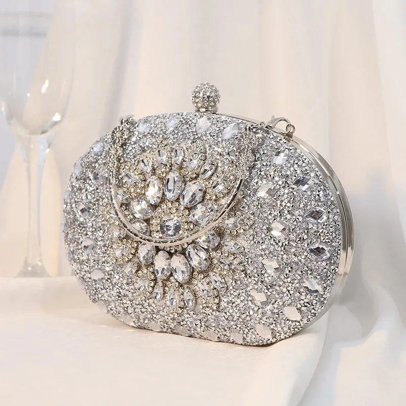 Silver Black Rose Red Pu Leather Floral Oval Evening Bags
