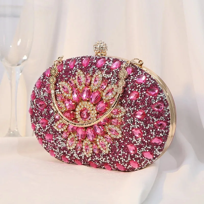Silver Black Rose Red Pu Leather Floral Oval Evening Bags