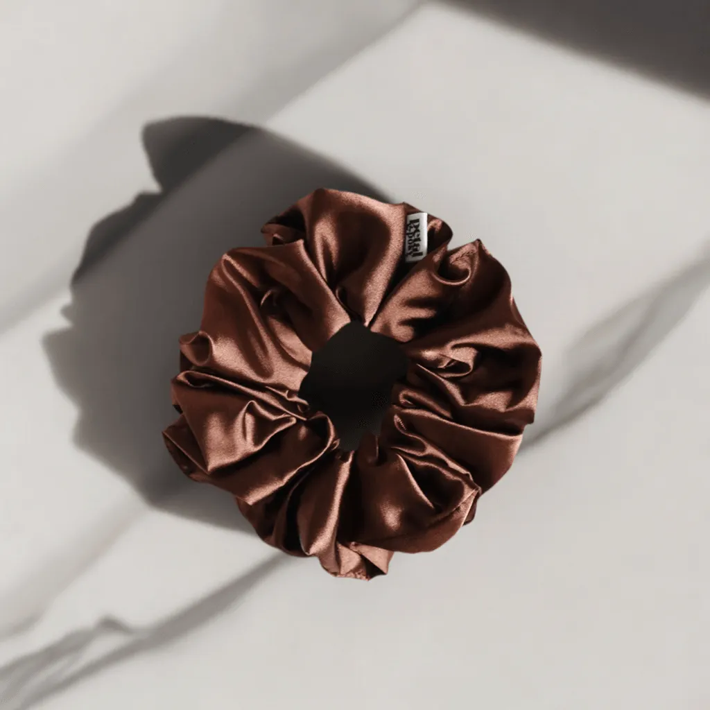 Slim Fluff Silk Satin Scrunchie in Cocoa