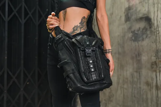 Tech 6 Black Leather Bucket Bag Convertible Shoulder Bag