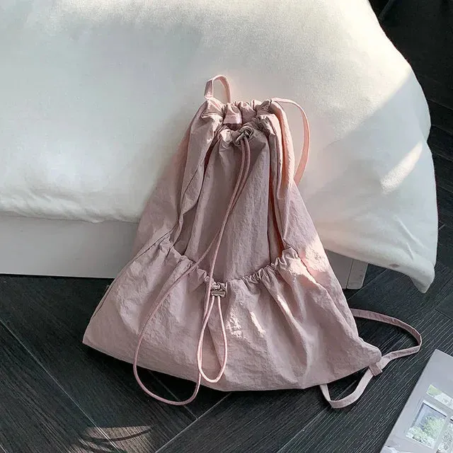 UAKISS  -  Y2k Aesthetic Women Casual Travel Rucksacks Streetwear All Match Vintage Schoolbags Preppy Pleated Drawstring Simple Backpacks