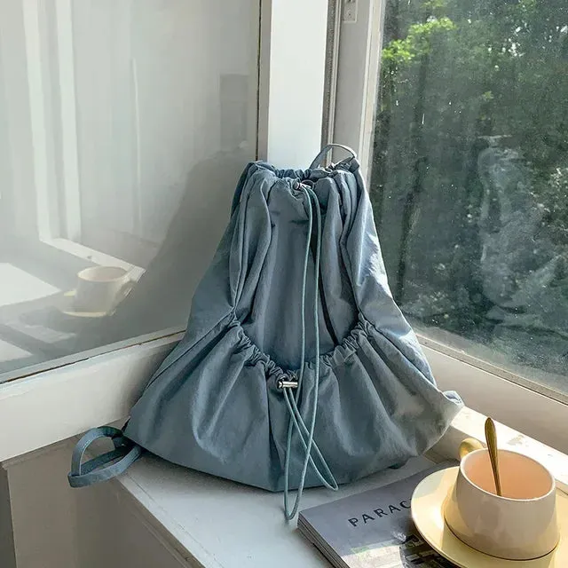 UAKISS  -  Y2k Aesthetic Women Casual Travel Rucksacks Streetwear All Match Vintage Schoolbags Preppy Pleated Drawstring Simple Backpacks