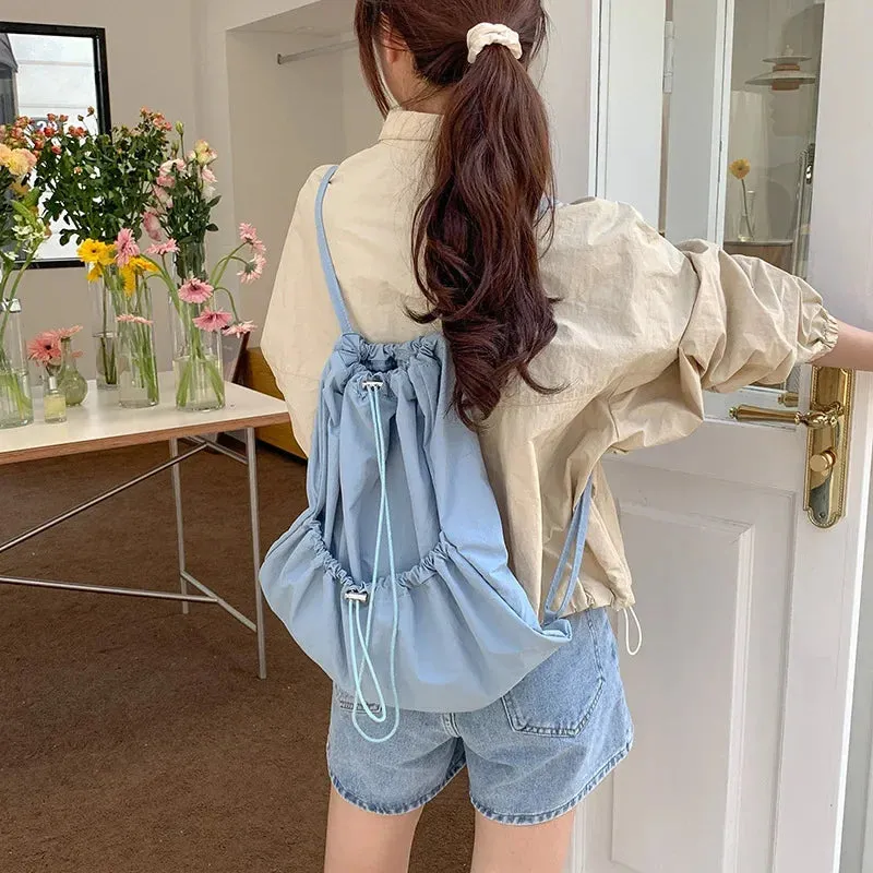 UAKISS  -  Y2k Aesthetic Women Casual Travel Rucksacks Streetwear All Match Vintage Schoolbags Preppy Pleated Drawstring Simple Backpacks
